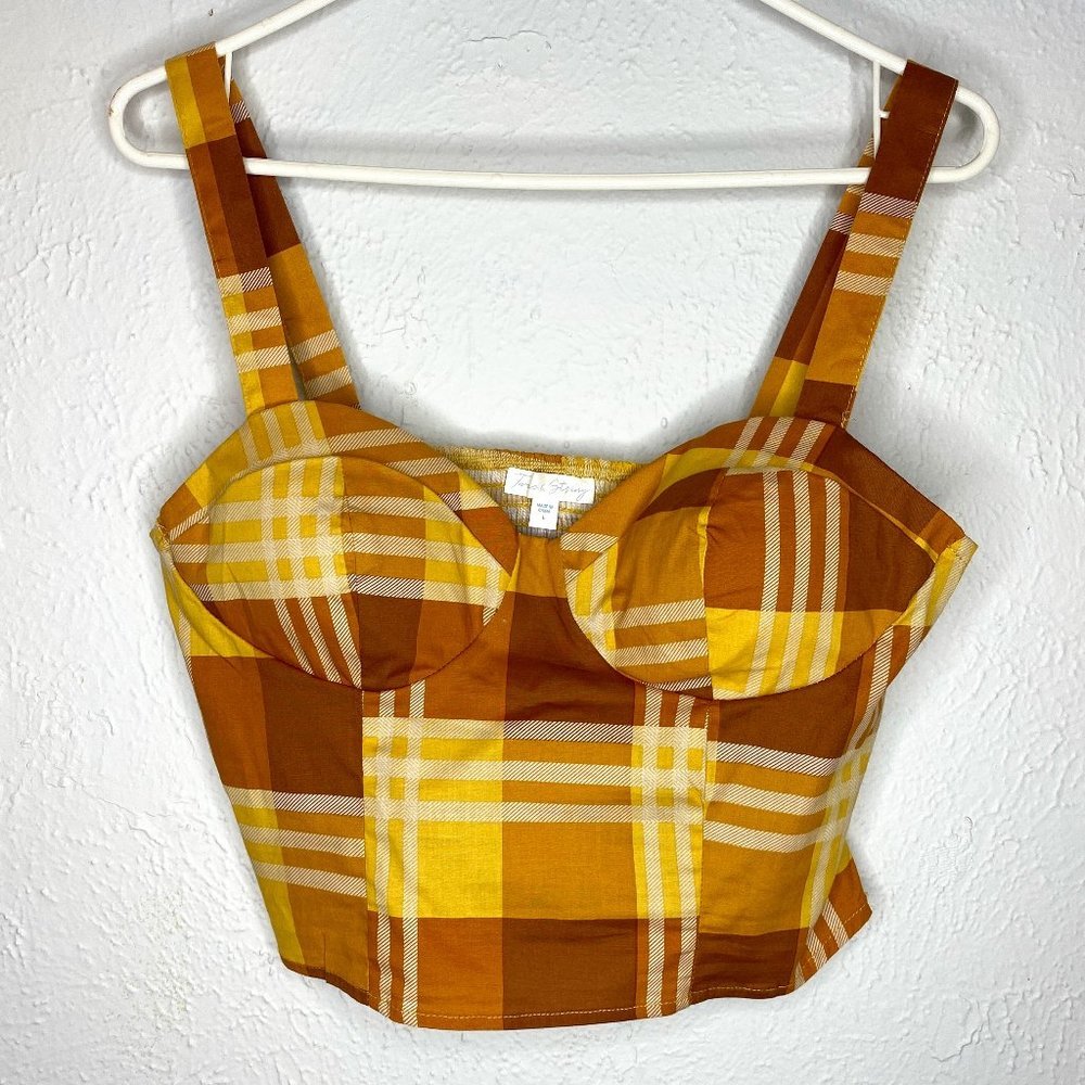 Twine & String, NWT, junior's size Large gold/white/ brown plaid crop top